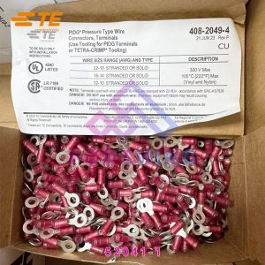TE Connectivity 52041-1 PLASTI-GRIP 8 AWG red insulated ring terminal with 1/4 inch M6 stud hole